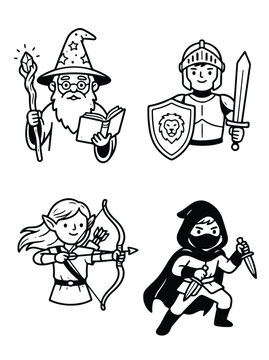 Fantasy RPG character class set with wizard knight elf archer and rogue line art vector illustration.