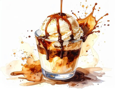 コーヒーをかけているアフォガートの水彩イラスト