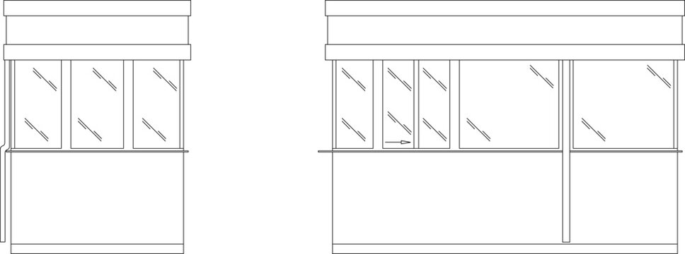 Architectural elevation views of a small booth or kiosk showing front and side profiles with multiple windows and a door. Monochrome technical line art.