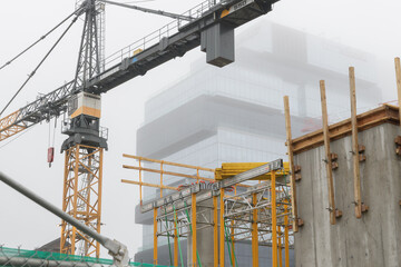 Naklejka premium crane at construction site of Ontario Line, Distillery District station formerly Corktown station, King Street East, Front Street East, Parliament Street, and Berkeley Street, Toronto