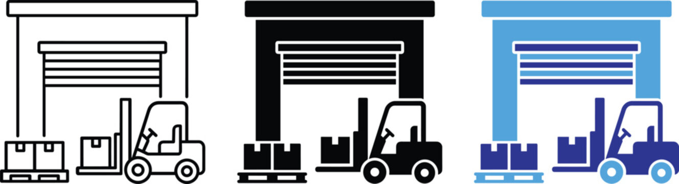 Freight inventory pallet boxes and forklift loader truck vector icons set for logistics illustration design.