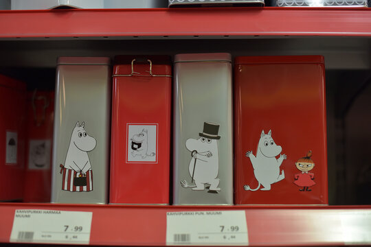 Moomin Character Storage Tins Displayed on Retail Store Shelf