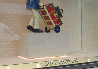 Naklejka premium display window, featuring The Groom, LV Bellboy at Louis Vuitton (May 2026) a luxury brand shop, located at 150 Bloor St W, inside 89 Avenue Yorkville, Toronto