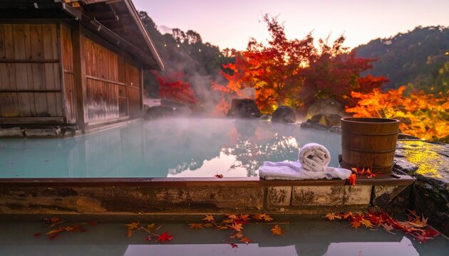 露天風呂・紅葉・秋・夕暮れ・もみじ・健康・美肌効果・美容・温活・旅館・リラクゼーション・癒し・日本の秋素材／Japanese rotenburo outdoor hot spring autumn maple leaves dusk, momiji floating water beauty skin care healthy wellness, fall season onsen relaxat