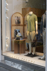 Naklejka premium display window with mannequins latest fashion designs at Luca Faloni, a men's clothing store, located at 130 Bloor St W, Toronto