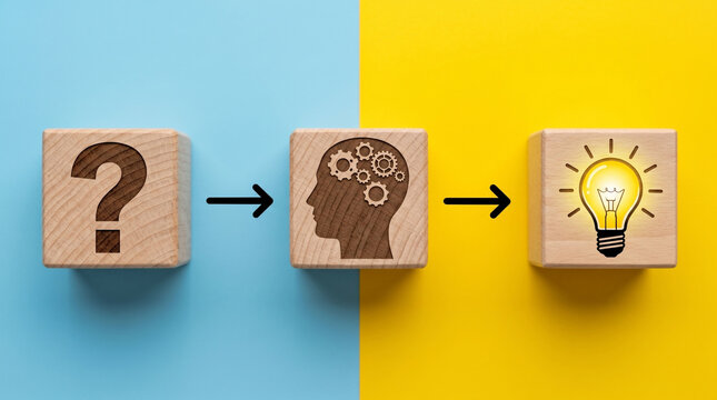 Creative problem solving process with wooden cubes representing question mark brain gears and glowing light bulb as idea concept on blue and yellow background showing success path.