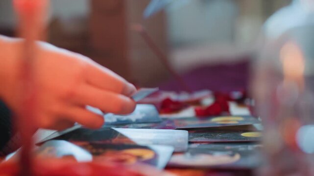 Hands arranging tarot card spread, closeup of deck on velvet cloth with rose petals and candle bokeh, fingers selecting card in deliberate shuffle and layout, intimate ritual consultation with moody