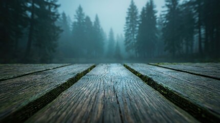 Fototapeta premium Rustic aged wood plank surface background with weathered texture and dark misty pine forest for product placement