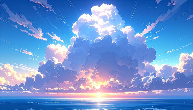 鮮やかな青空と海に広がる大きな入道雲のアニメ風イラスト背景