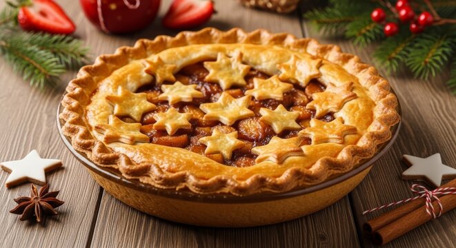 A golden-brown fruit pie sits on a rustic wooden table, featuring intricate star-shaped crust patterns surrounded by festive holiday decor, decoration, ornament, evergreen