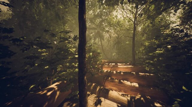 rustic bridge casting shadows on winding forest path with warm backlight, wooden planks and handrail framing sunlit clearing and dense foliage