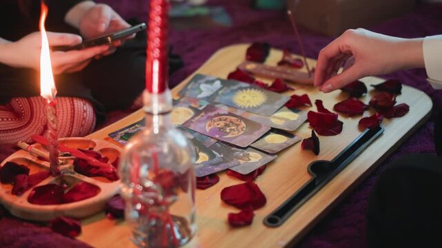 Closeup tarot reading with candle on wooden tray scattered rose petals, glass bottle and red votive fortune teller arranging cards while using smartphone light for focus, warm moody atmosphere