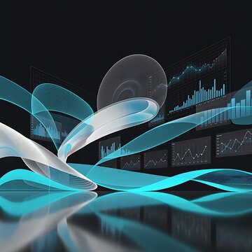 Complex data visualization interface with abstract light trails and financial performance graphs visualization interface abstract financial performance technology business analytics