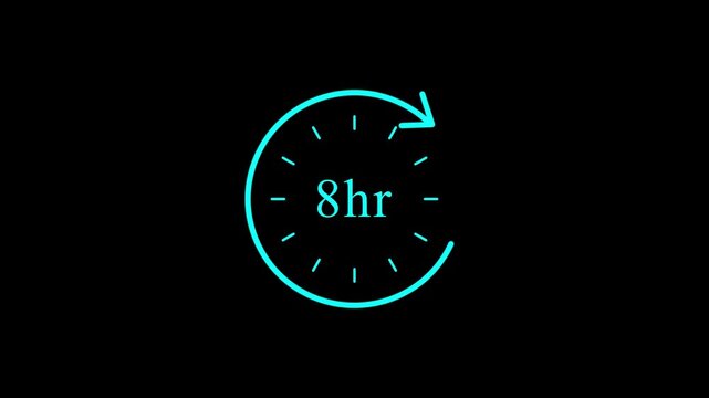 Circular countdown timer 8 hours glowing neon green digital clock face with hands moving clockwise