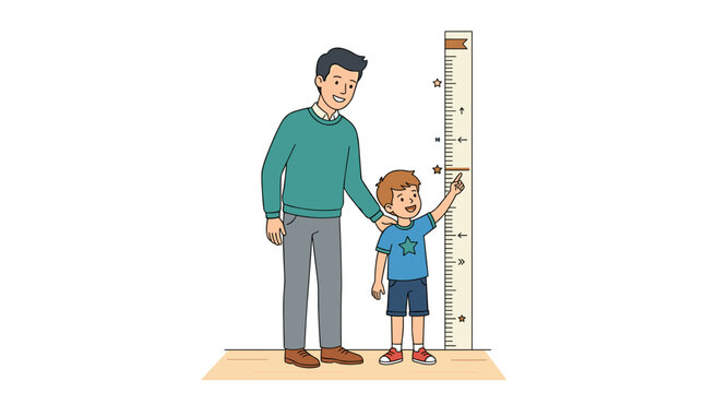Father and son measuring height on a growth chart showing child development and family bonding