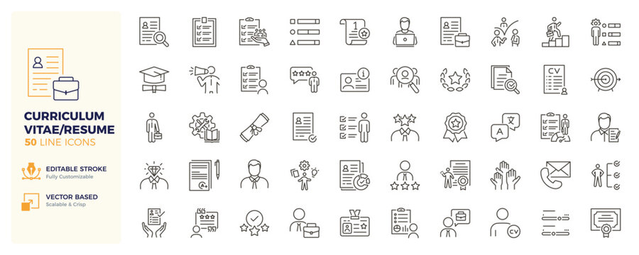 Curriculum vitae and resume icons. Recruitment, hiring, career and job application thin line icon set. Editable stroke vector illustrations.