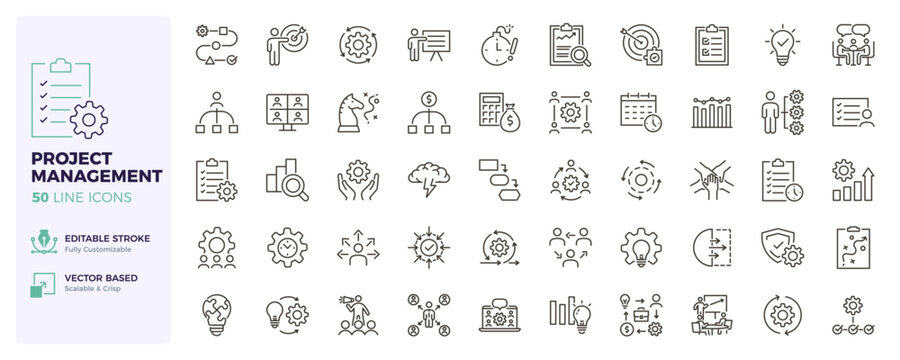 Project management icons. Workflow, productivity, planning and team coordination thin line icon set. Editable stroke vector illustrations.