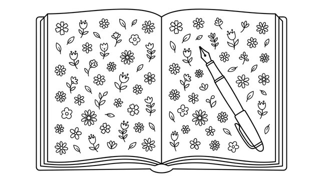 Open book with floral pattern and fountain pen illustration