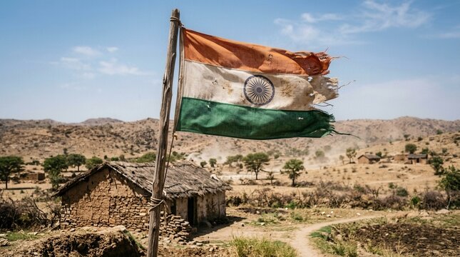 Weathered and torn Indian national flag waving on a wooden pole in a rural desert village featuring a traditional mud hut and arid hills under a clear blue sky in the countryside.