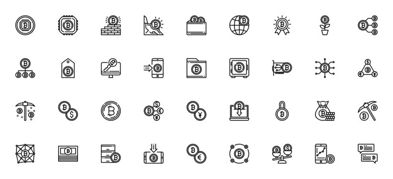 Bitcoin icon set. Cryptocurrency vector icons pack. Minimalist line art. Includes symbols for mining, wallet, growth, exchange, chat and more. Editable stroke.
