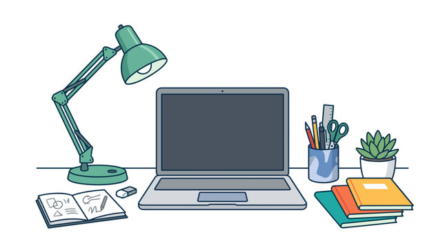 Modern home office desk setup with laptop lamp books and stationery for remote work and study