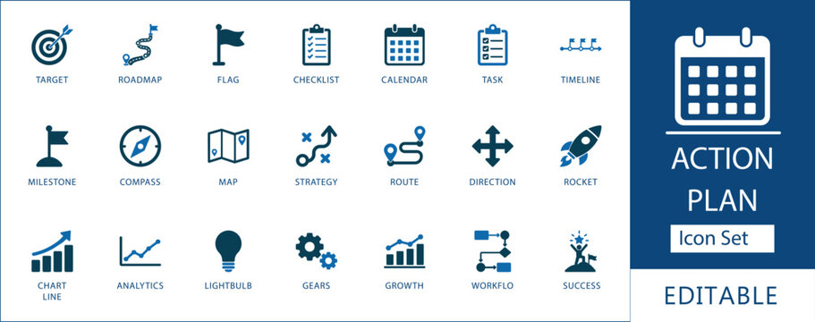 Action plan  icon set for business strategy, project roadmap, growth, milestone, and timeline data visualization. Editable flat design icons.