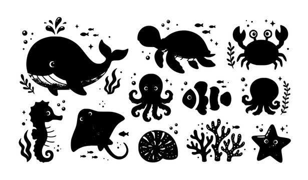 Cute ocean animal bundle turtle crab and underwater creatures vector set isolated on white background