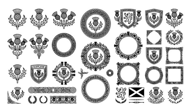 Modern Scottish thistle emblem set floral crest and botanical symbols vector isolated on white background
