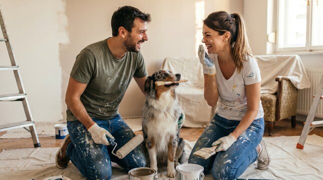 Joyful couple painting new house with Australian Shepherd pet, DIY home makeover concept featuring togetherness, creativity and residential renovation