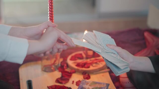 Candlelit tarot card reading, hands exchange cards over rose petals and burning candle intimate ritual scene with reader revealing single card prediction, soft warm glow and suspenseful mystic