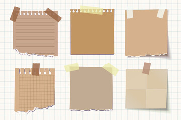 Fototapeta premium Set of torn notebook paper and sticky notes with tape on grid background. Realistic brown paper sheets with shadows, ideal for mockups, scrapbooking, and design layouts. Vector illustration