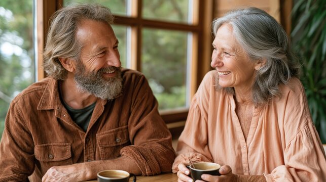 Happy Mature Couple Smiling and Enjoying Coffee Together Indoors, Senior Lifestyle, Positive Relationships, Cozy Home, Retirement Wellbeing
