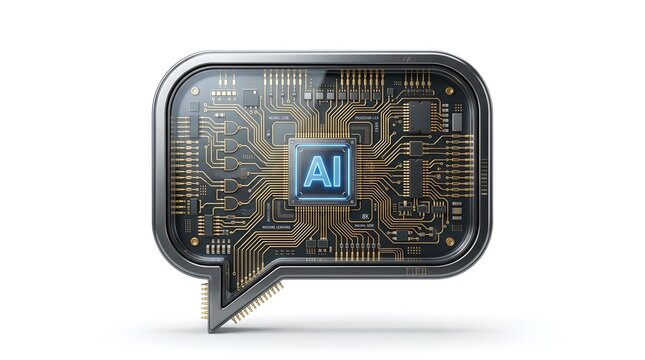Modern artificial intelligence assistant symbol combining speech bubble and microchip design  isolated on pure white background