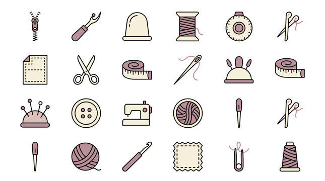 Set of sewing and tailoring icons with needle thread scissors thimble sewing machine and buttons for craft and hobby