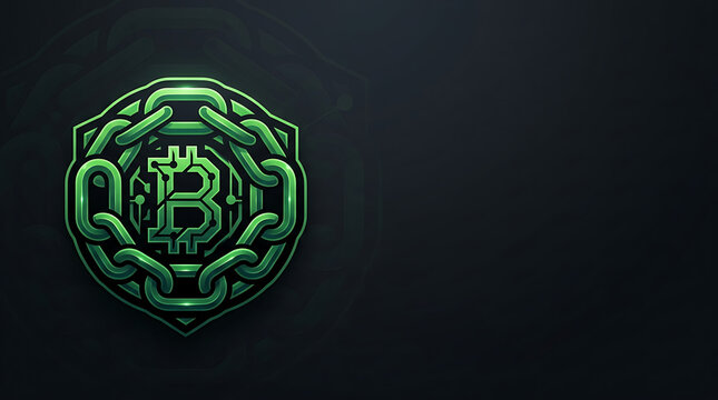 Blockchain cryptocurrency emblem with glowing green chain