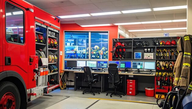 Fire station dispatch center with fire truck and equipment.