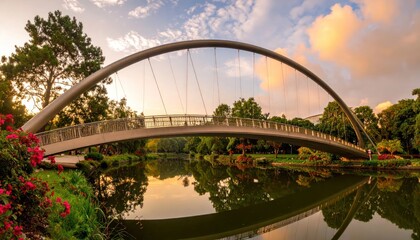 Fototapeta premium Scenic Arch Bridge Over Reflective Water at Sunset.