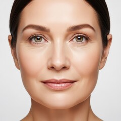 Obraz premium Serene mature features displaying radiant translucent skin and a peaceful look, emphasizing natural hydration and timeless facial beauty, gray hair, graceful, fresh