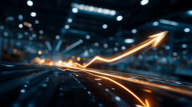 Upward Trend: A luminous orange arrow signifying growth and progress streaks across a blurred, modern backdrop, symbolizing an upward trajectory in performance and development.