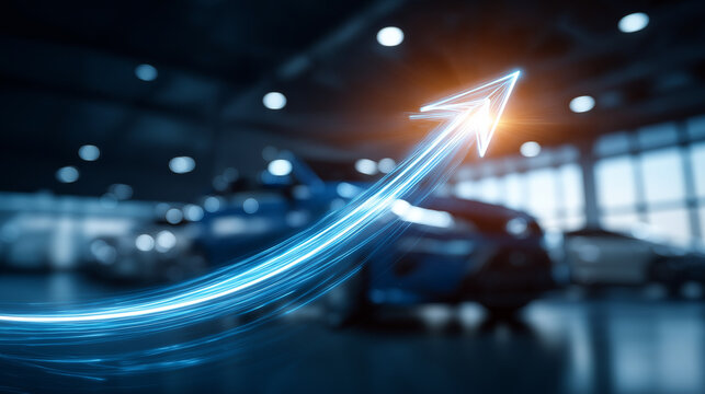 Automotive Market Growth: A dynamic blue arrow graphic streaks upwards, symbolizing exponential growth and success within the automotive industry.