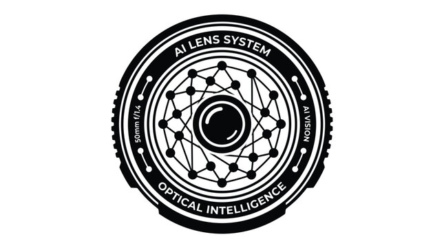 Minimalist black and white graphic icon representing an advanced artificial intelligence camera lens system with complex network nodes and optical intelligence text on white background