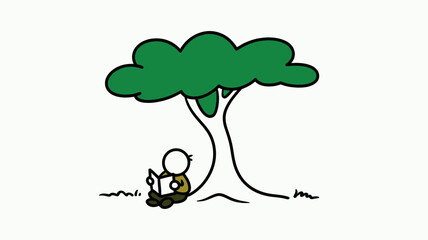 Obraz premium child under giant tree in nature landscape, simple and heartwarming illustration featuring peaceful childhood moment, outdoor scenery artwork for parenting and educational design projects.