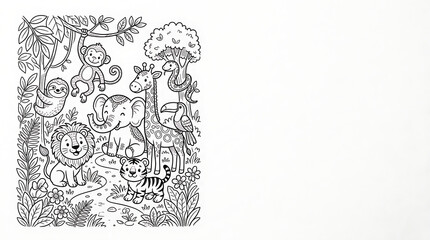 Obraz premium Jungle animal group coloring page with lion and elephant
