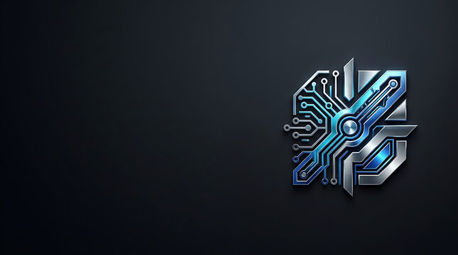 Abstract digital technology logo with glowing blue circuit patterns