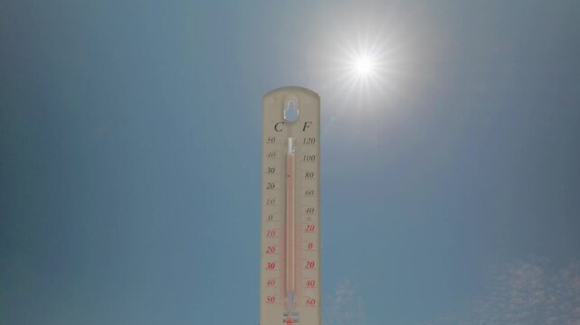 Under the scorching summer sun, the mercury on the thermometer keeps rising and hits the maximum limit.