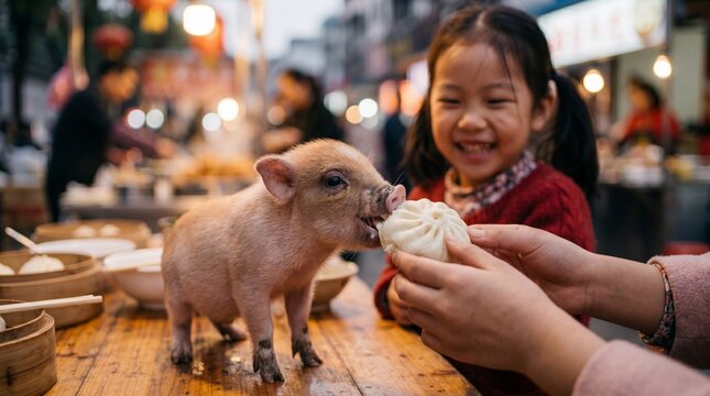 A tiny piglet bites a steamed bun on a wooden table, making a young girl laugh. The street market background brings a heartwarming, lively, and joyful atmosphere.