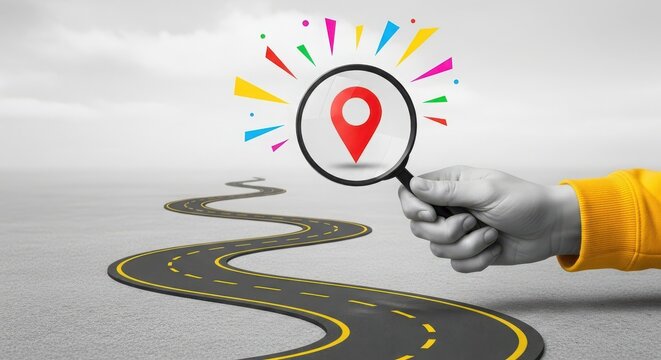 Hand holding magnifying glass over map pin icon showing destination search along winding road concept in black and white with color accent