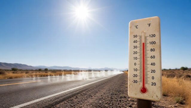 Roadside thermometer under harsh sun during extreme summer heatwave