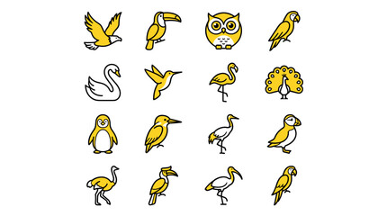 Fototapeta premium Collection of Diverse Bird Icons Featuring Eagles Toucans Owls Parrots Swans Hummingbirds Flamingos Peacocks Penguins and More