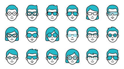 Fototapeta premium Collection of diverse people faces with various styles of eyeglasses and sunglasses icons in a clean flat design
